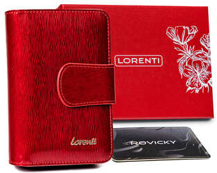 Skórzany, lakierowany portfel damski na zapinkę z zatrzaskiem — Lorenti