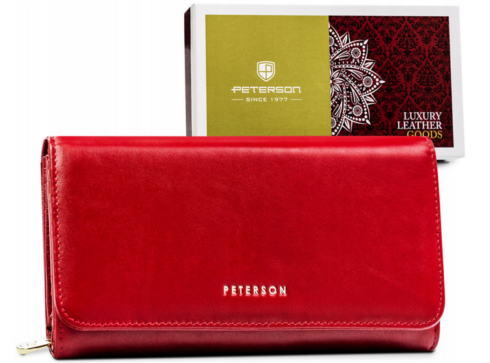 Duży, skórzany portfel damski na zatrzask i z systemem RFID — Peterson