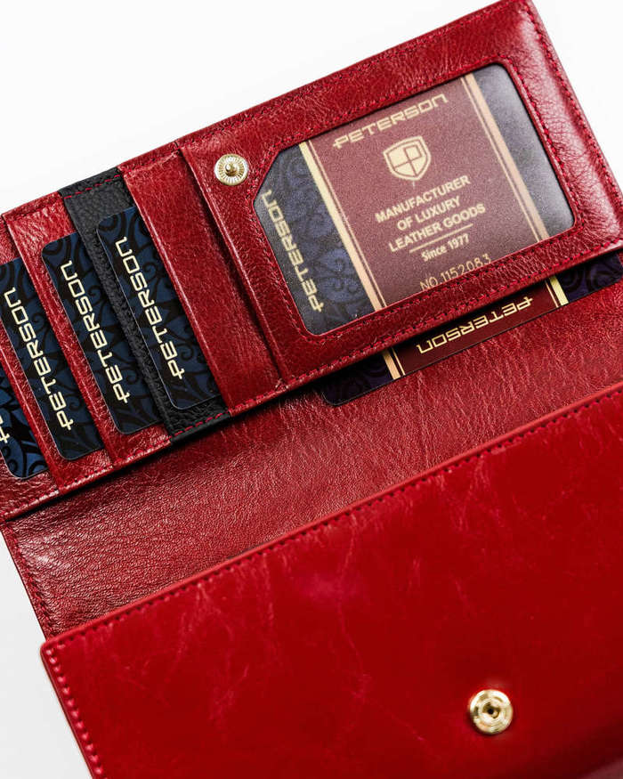 Elegancki portfel damski skórzany na karty z ochroną RFID — Peterson - Czerwony