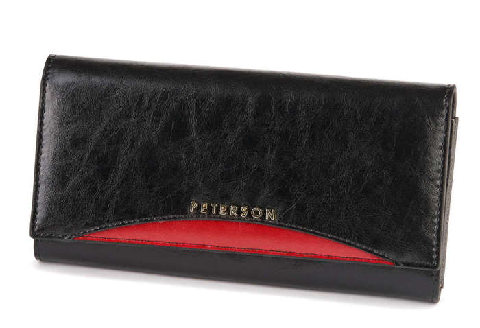 Elegancki portfel damski skórzany z polerowanej skóry — Peterson - Czarny