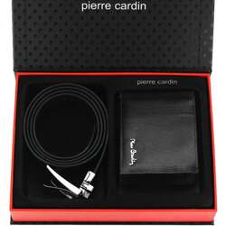 Pierre Cardin Zestaw prezentowy: skórzany portfel i pasek męski ze skóry naturalnej 130cm ZG-124-BR czarny