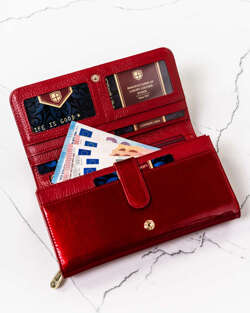 Skórzany, lakierowany portfel damski z miejscem na długopis - Peterson